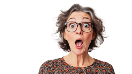 Surprised Expressions of a Middle-Aged Woman Perfect for Social Media, Advertisements, and Blog Posts Focused on Emotions and Reactions.