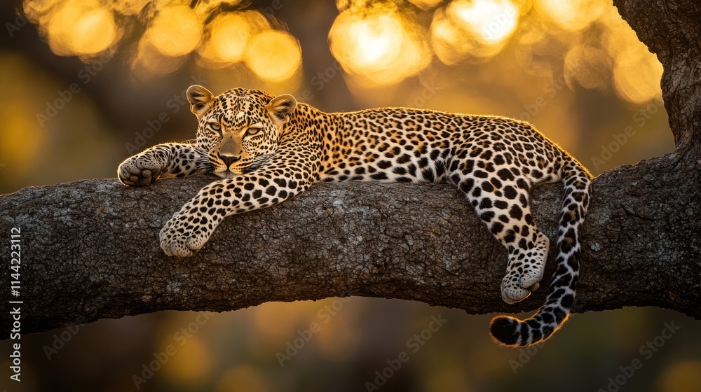 Poster leopard resting on tree limb at sunset.