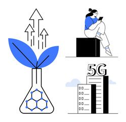 Woman using tablet, biotech plant in flask showing upward growth, and 5G signal next to buildings. Ideal for technology, innovation, biotechnology, education, communication, progress scientific
