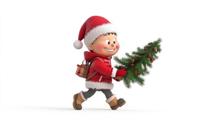 A cheerful 3D character in a red winter jacket with fur trim and a Santa hat, carrying a small Christmas tree, on white