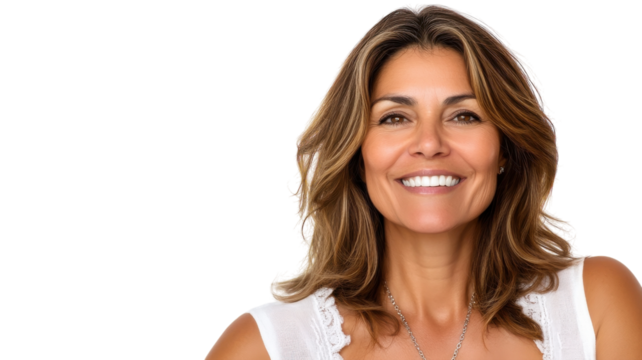 A Middle Aged Woman Smiling Warmly on a White Background: Perfect for Marketing and Wellness Campaigns.