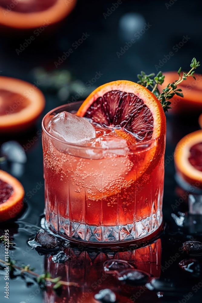 Poster red drink with blood orange slice and thyme sprig on dark surface.