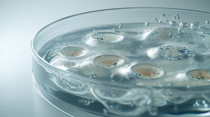 Petri dish with liquid and bubbles.