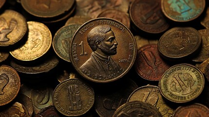 A 1 Rupee coin amidst a pile of ancient Indian coins, highlighting its modern significance