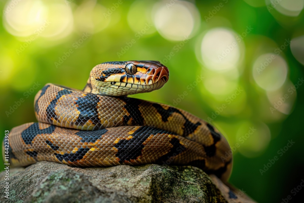 Aufkleber coiled python rests on rock with blurred green foliage.
