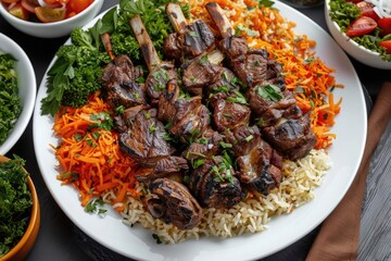 Fototapeta premium Grilled lamb with kabsa pilau vegetables and tandir kebab.