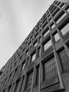 Low angle view of generic, modern office building on Rue Belliard in Brussels, Belgium