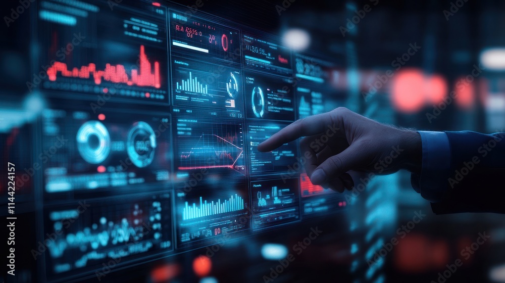 Poster Hand interacts with multiple data graphs on digital screen.