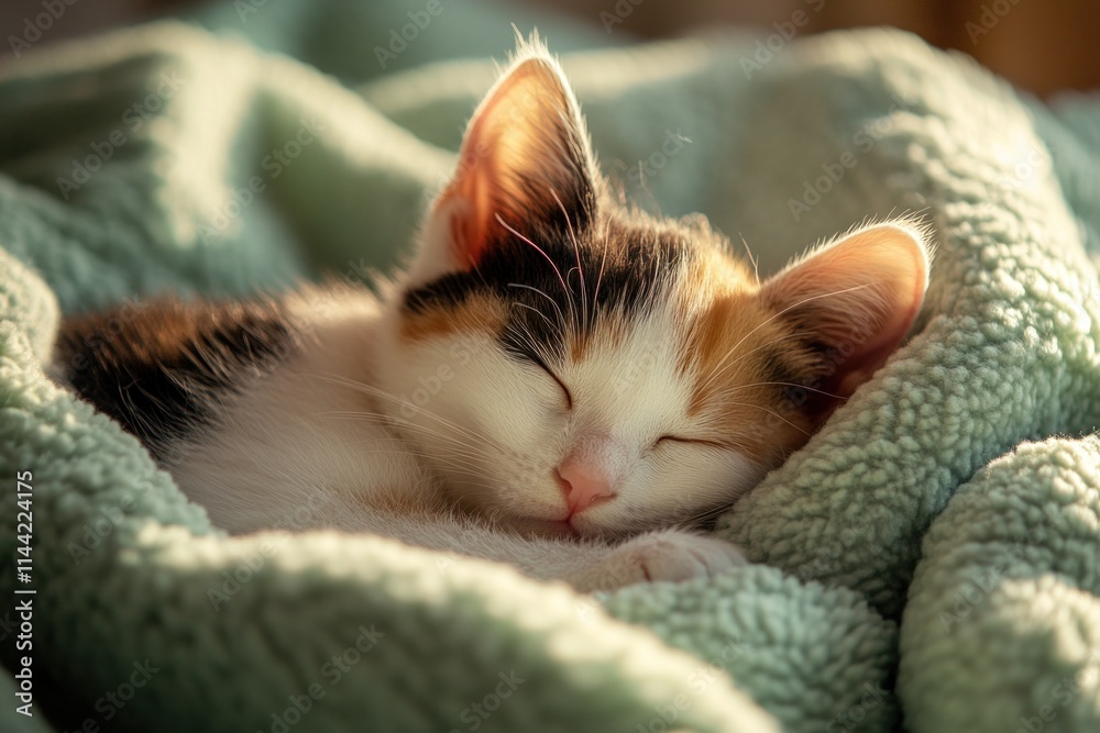 Poster calico kitten sleeping peacefully on soft blanket.