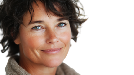 A middle-aged woman with a gentle and reassuring presence, perfect for wellness-themed designs, healthcare promotions, and diversity-focused projects, showcasing empathy and support..