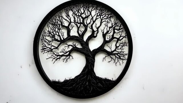 Black tree artwork displayed on a minimalist wall, showcasing intricate branch details in circular frame