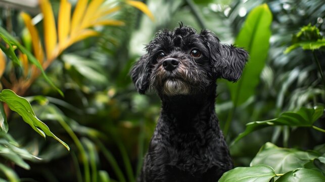 Black dog nestled among lush green leaves in a vibrant jungle setting, showcasing its curious expression and playful spirit. - Powered by Adobe