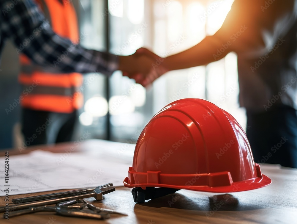 Poster construction workers handshake with hardhat and blueprints on table.