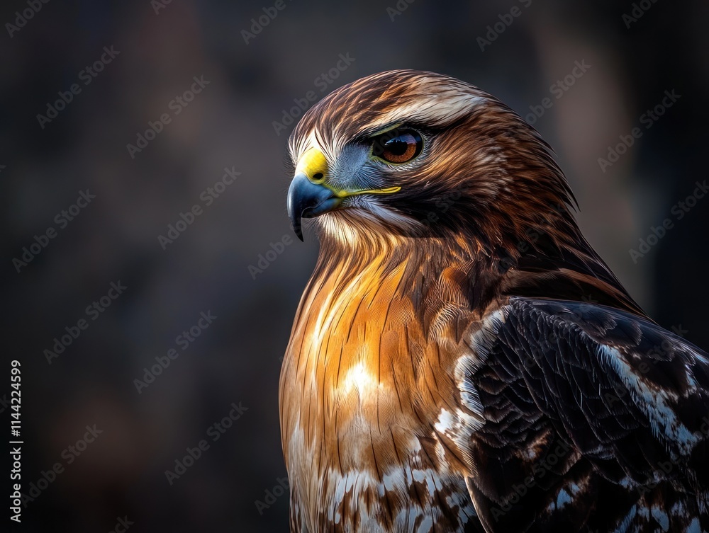 Poster close-up of red-tailed hawk with detailed feathers and gaze.