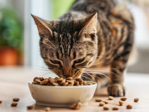 Cute tabby cat eating dry food from white bowl - Powered by Adobe