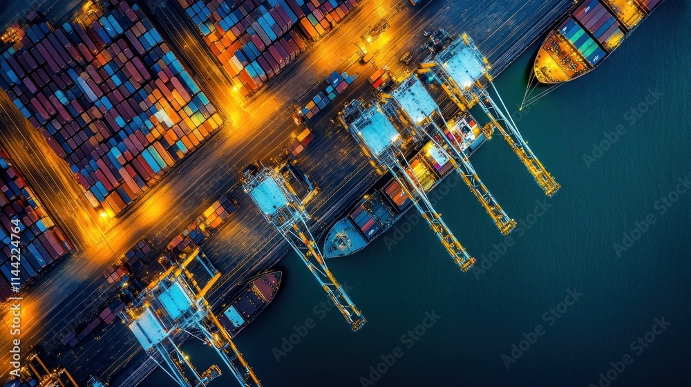 Poster night view of container port with cranes and cargo ships.