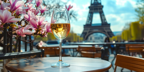 Obraz premium Glass of white wine on a table of outdoor cafe with beautiful Parisian setting with pink magnolia in full bloom