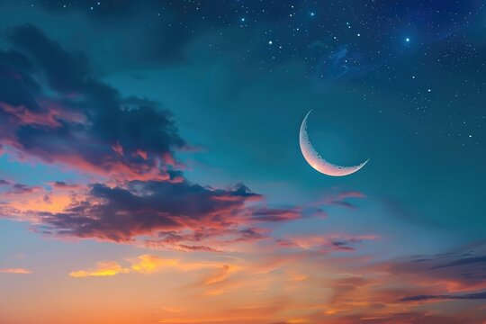 Twilight sky with crescent moon and star for Ramadan celebrations.