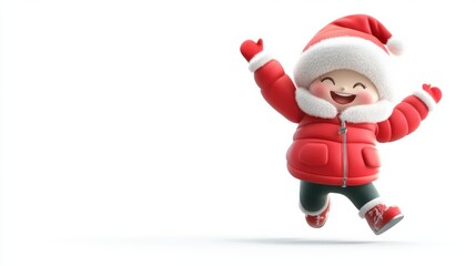 A playful 3D character in a red winter jacket and Santa hat, dancing joyfully, isolated on a bright white background