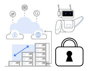 Cloud storage linked to security, global access, AI robot, padlock, bar graph with growth arrow. Ideal for cybersecurity, cloud computing, AI assistance, data protection scalability online