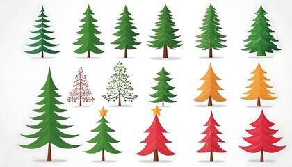Obraz premium Christmas tree holiday sticker green cartoon set. Flat modern party simple pattern greeting card traditional collage forest design.isolated white background,