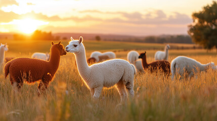 Fototapeta premium Alpacas graze peacefully in a golden field during sunset in a rural landscape