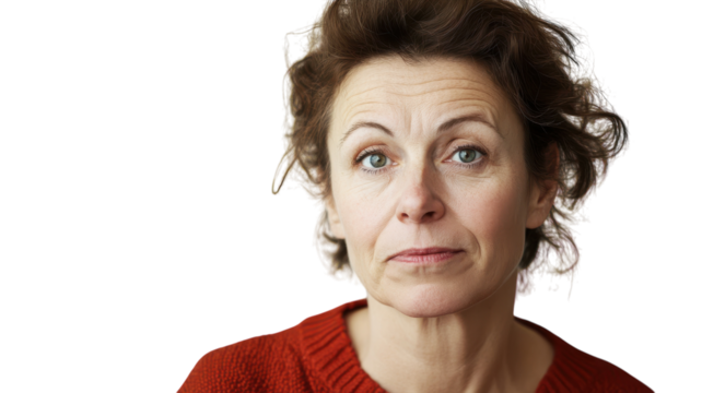 A Middle Aged Woman with a Raised Eyebrow Displaying Curiosity and Intrigue, Ideal for Marketing and Advertising Visuals.