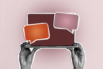 Composite trend artwork sketch image photo collage of incognito big wrist hand hold finger message speech app textbox sms chatting dialog