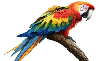 Obraz premium A colorful illustration of a parrot perched on a branch, with detailed feathers and vibrant colors, isolated on white