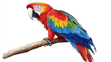 Fototapeta premium A colorful illustration of a parrot perched on a branch, with detailed feathers and vibrant colors, isolated on white
