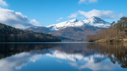 Snowy mountains reflect in the calm lake under a clear blue sky. Nature’s beauty shines brightly in this serene landscape. Perfect for tranquility.