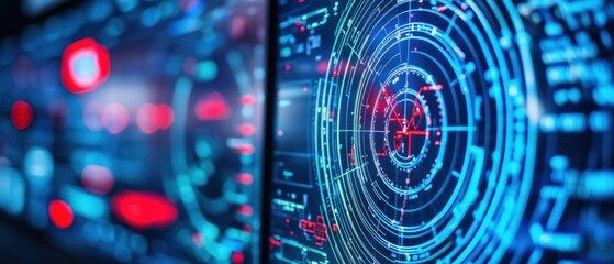 Fototapeta premium Air traffic control monitor showing flight paths, radar signals, professional controller operating system, bustling airport background, advanced technology, aviation coordination, modern control
