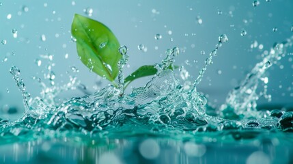 Fresh green leaf splashing in water with bright blue background