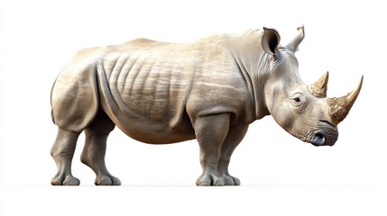Fototapeta premium A detailed illustration of a majestic rhino standing powerfully, rendered in a realistic style, isolated on a clean white background
