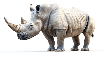 Obraz premium A detailed illustration of a majestic rhino standing powerfully, rendered in a realistic style, isolated on a clean white background