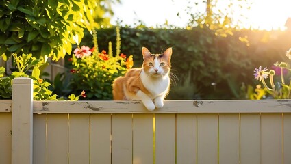 Lush Garden Background with Calico Cat on Wooden Fence, Colorful Flowers and Golden Sunlight  

