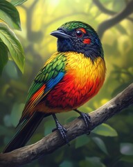 Obraz premium Blur Background, Vibrant hummingbird, Vibrant rainbow bird perched on branch lush forest wildlife photography natural habitat close-up colorful avian beauty