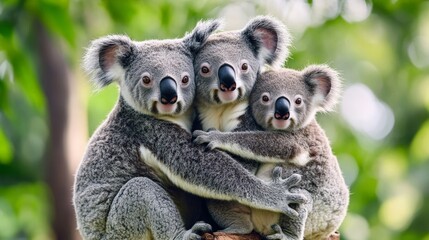 Naklejka premium Three adorable koalas hugging each other on a tree branch in a lush green habitat, showcasing their close bond and affection.