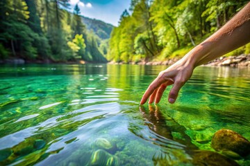 Hand Touching Clear River Water Surrounded by Lush Green Forest and Mountains, Symbolizing Nature and Conservation Wallpaper Background