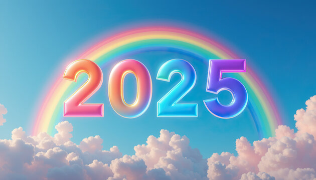 2025 with a rainbow arching above the clouds symbolising hope positivist and new beginnings under a bright blue sky