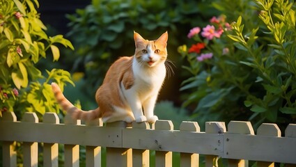 Lush Garden Background with Calico Cat on Wooden Fence, Colorful Flowers and Golden Sunlight  
