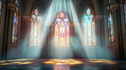 Obraz premium Sacred Christian Church Interior with Rays of Light Through Stained Glass Windows