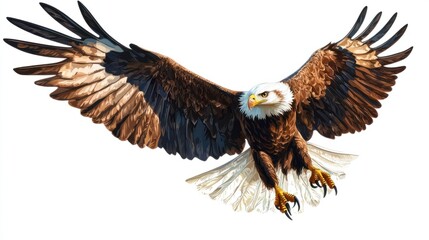 Obraz premium A dynamic illustration of an eagle soaring high, with outstretched wings and sharp talons, drawn in a detailed style, isolated on white