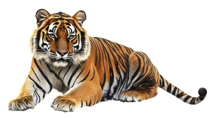 Obraz premium A realistic illustration of a tiger crouching, with vivid orange and black stripes, isolated on a clean white background