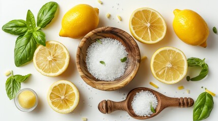 Overhead view of lemons, basil, and sea salt in wooden bowls and spoon.
