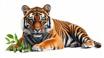 Obraz premium A realistic illustration of a tiger crouching, with vivid orange and black stripes, isolated on a clean white background