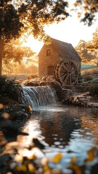 Rustic stone mill with water wheel at sunset.