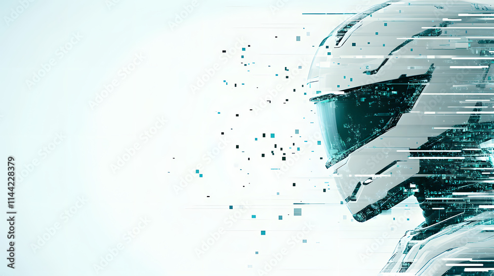 Poster a stylized image of a futuristic racing helmet, featuring digital effects and a sleek design, emphas