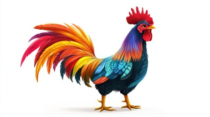 Fototapeta premium A vibrant illustration of a cheerful rooster with a colorful tail, standing confidently, rendered in a bright, whimsical style, on white