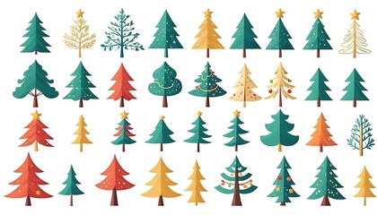 Obraz premium Christmas tree holiday sticker green cartoon set. Flat modern party simple pattern greeting card traditional collage forest design.isolated white background,5